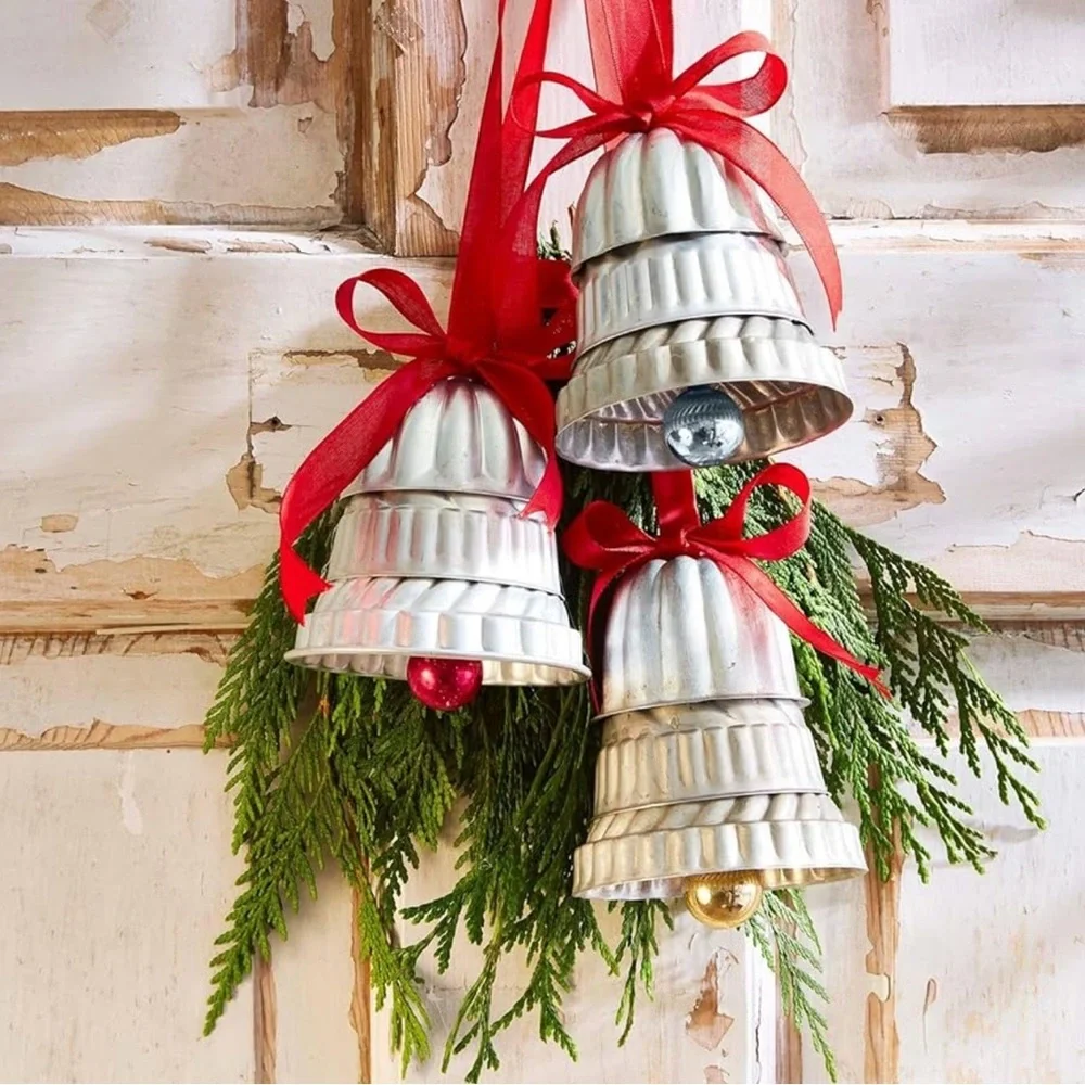 Vintage Jello Mold Silver Christmas Bell Repurposed Holiday Decor Red Ribbon